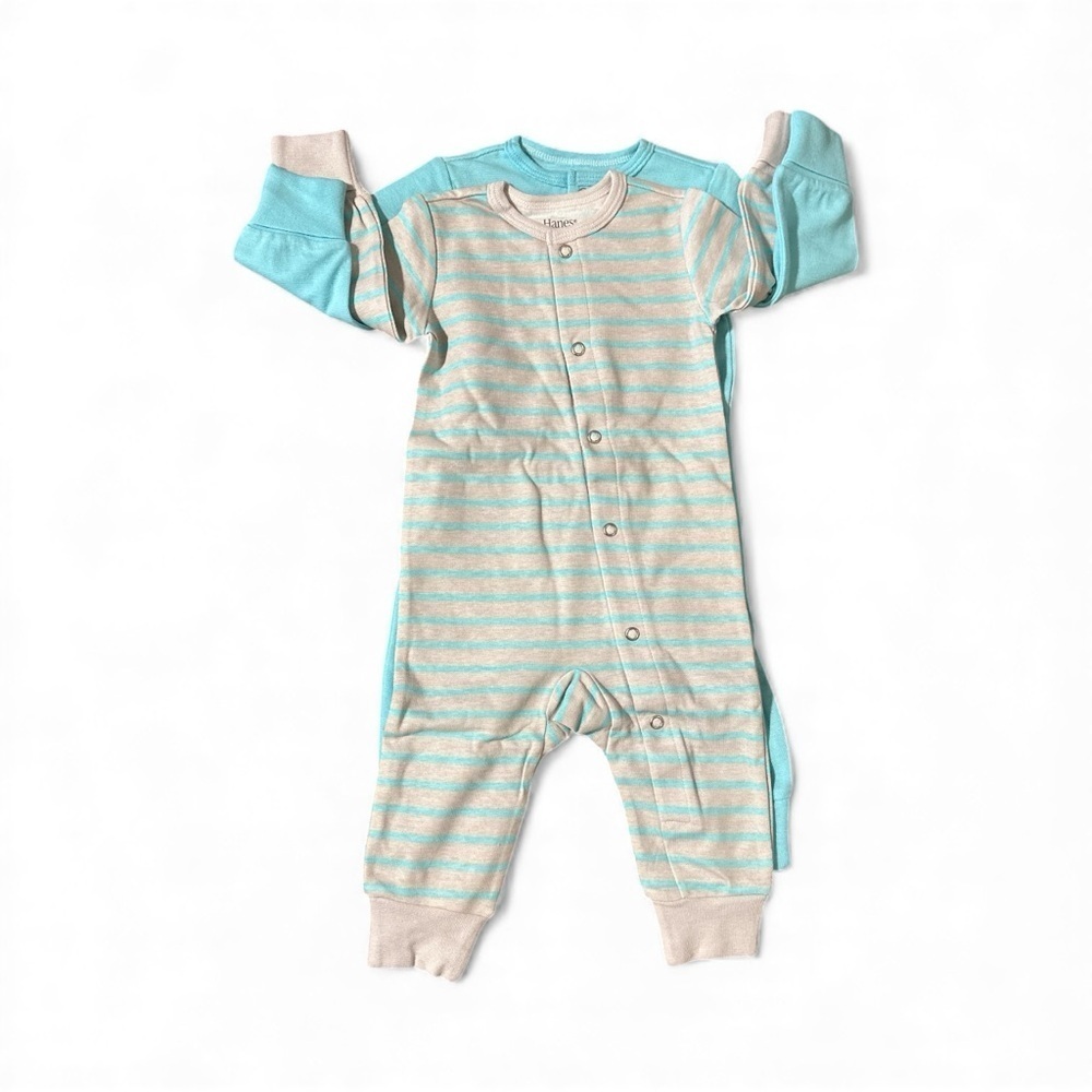 Hanes Baby Flexy 2-Pack Long Sleeve Rompers – Size 0–6M – Blue & Gray Stripe